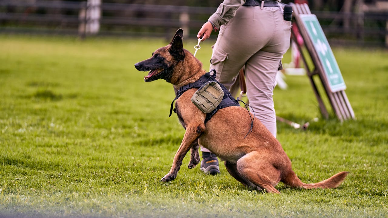 services-01 Belgian Malinois dog training outdoors with handler in grassy field.