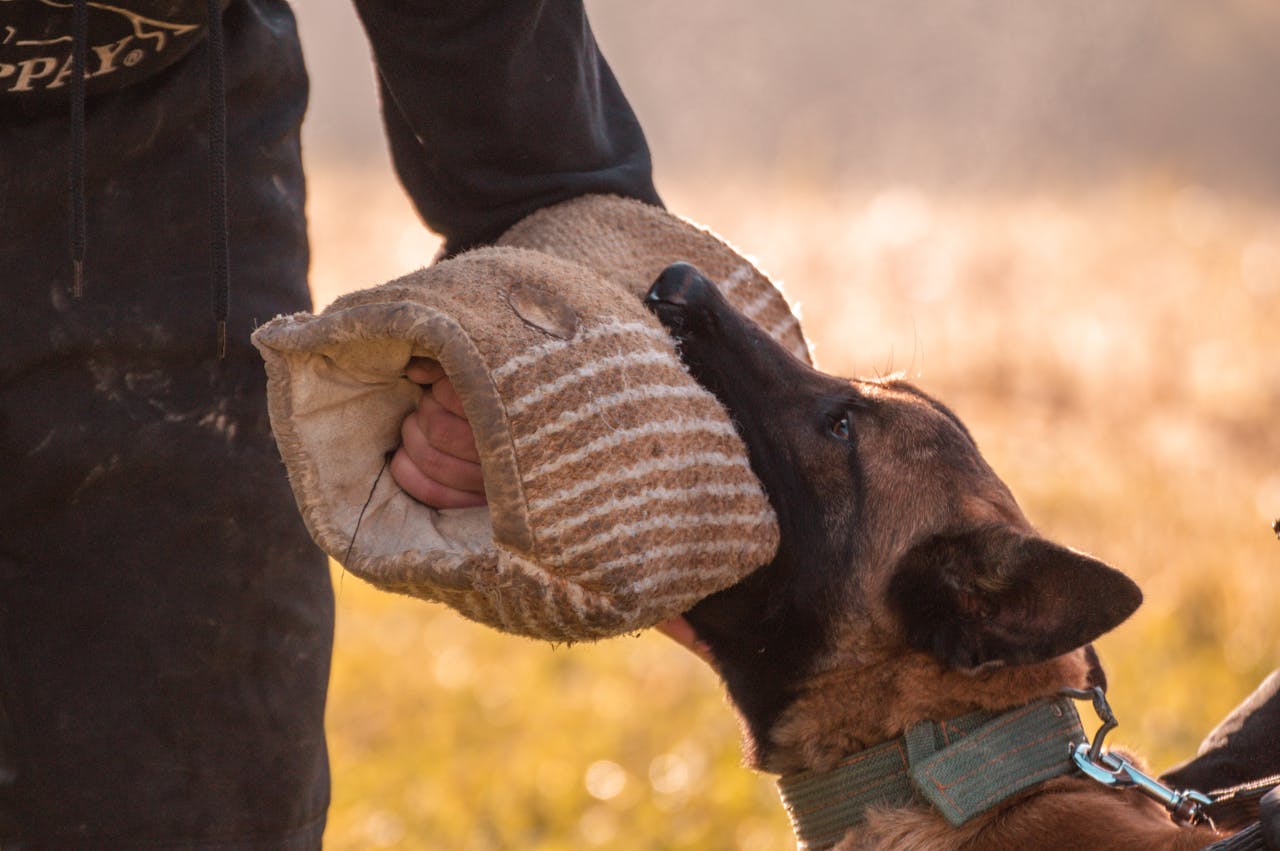 hero-homepage A Belgian Malinois dog practices biting training with a trainer using a bite sleeve outdoors.